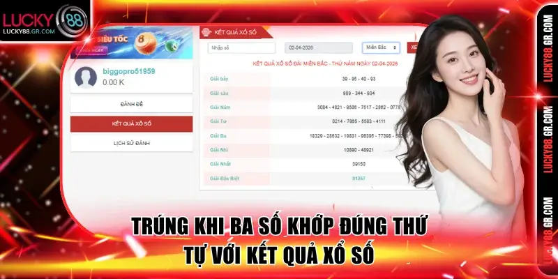 Trúng khi ba số khớp đúng thứ tự với kết quả xổ số